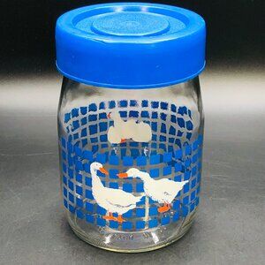 Vintage 1982 Carlton Glass Country Geese 1L. Jar Blue Tile Grid with Plastic Lid